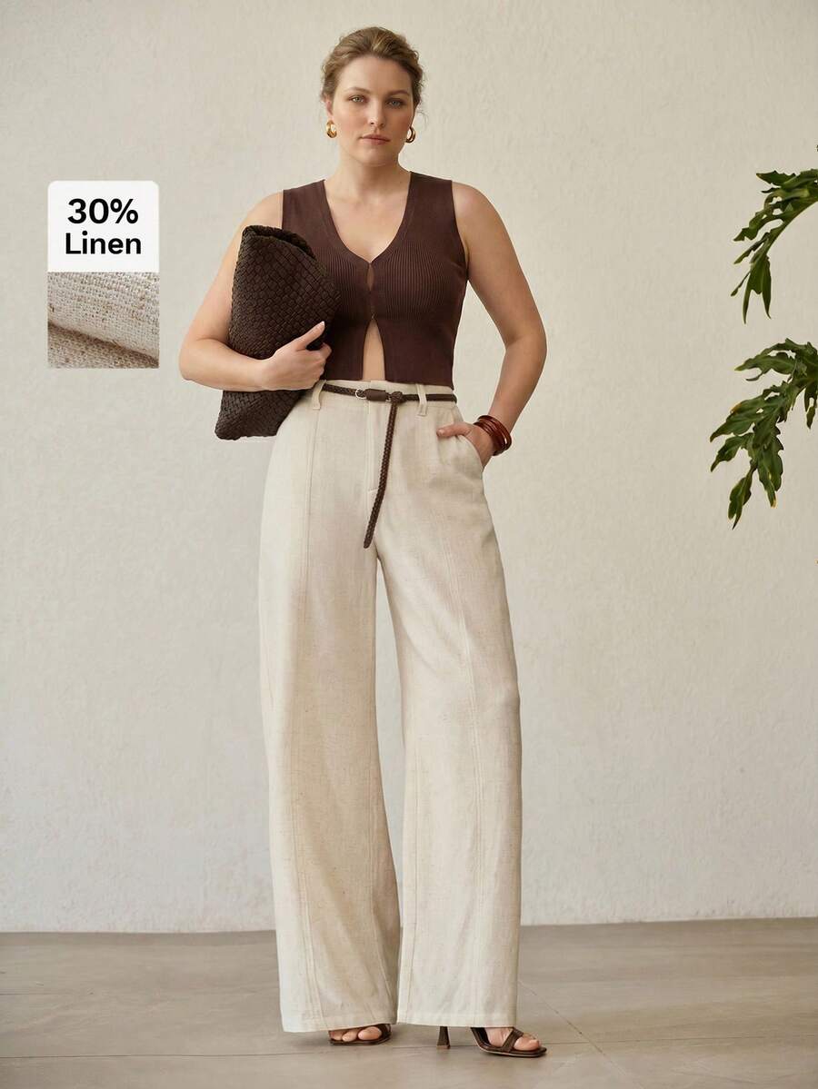 Calça feminina clara Plus Size com viscose e linho