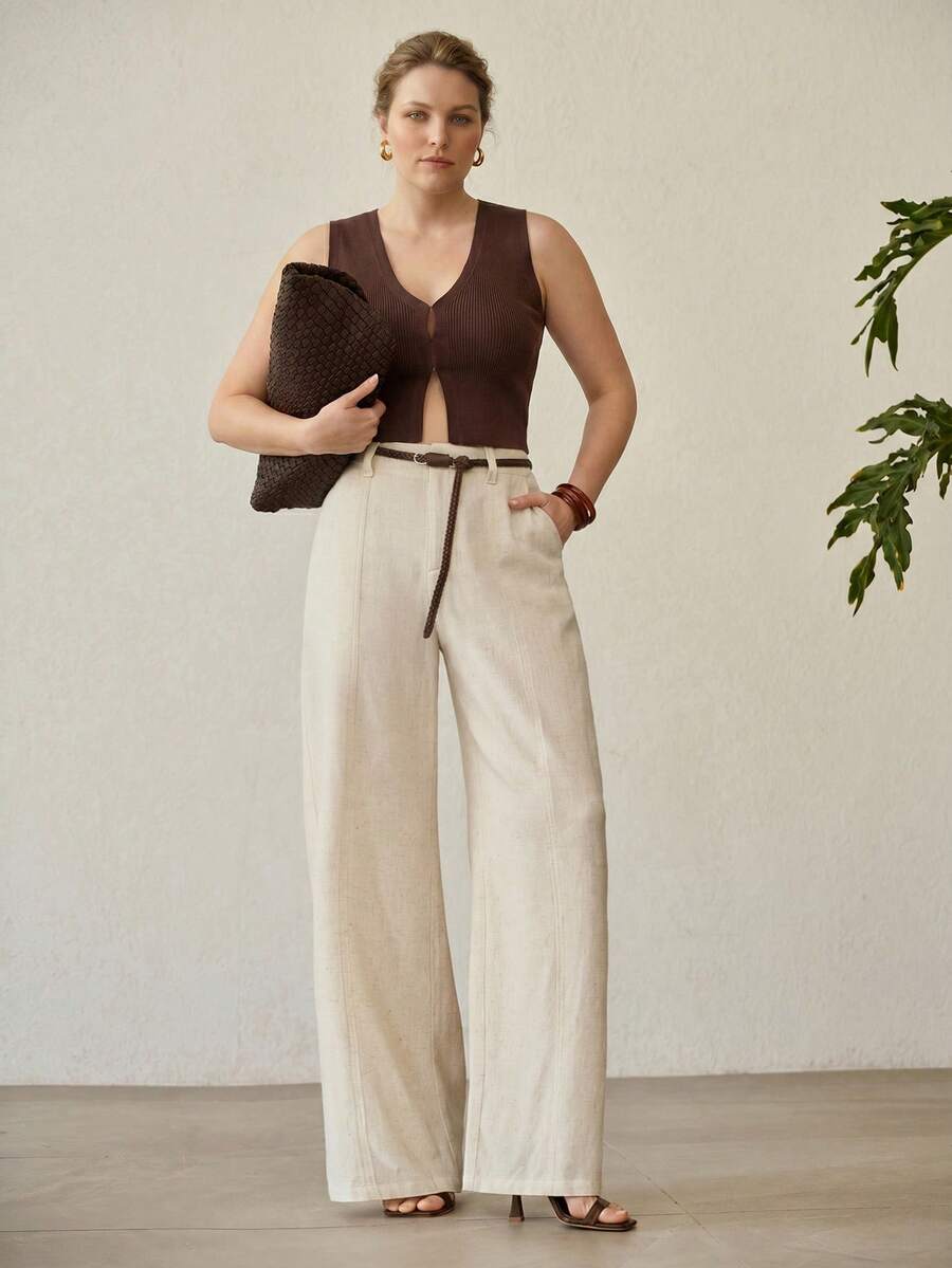 Calça longa Plus Size Linho Natural de caimento confortável