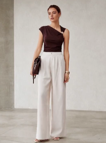 Calça pantalona feminina Areia Clara com viscose e linho -Boutique do Encanto 