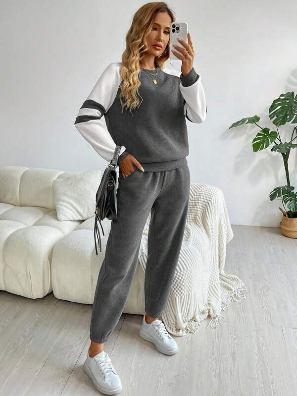 Conjunto Feminino Casual 2 Peças - Blusa Manga Longa com Recortes e Calça Malha Veludo 