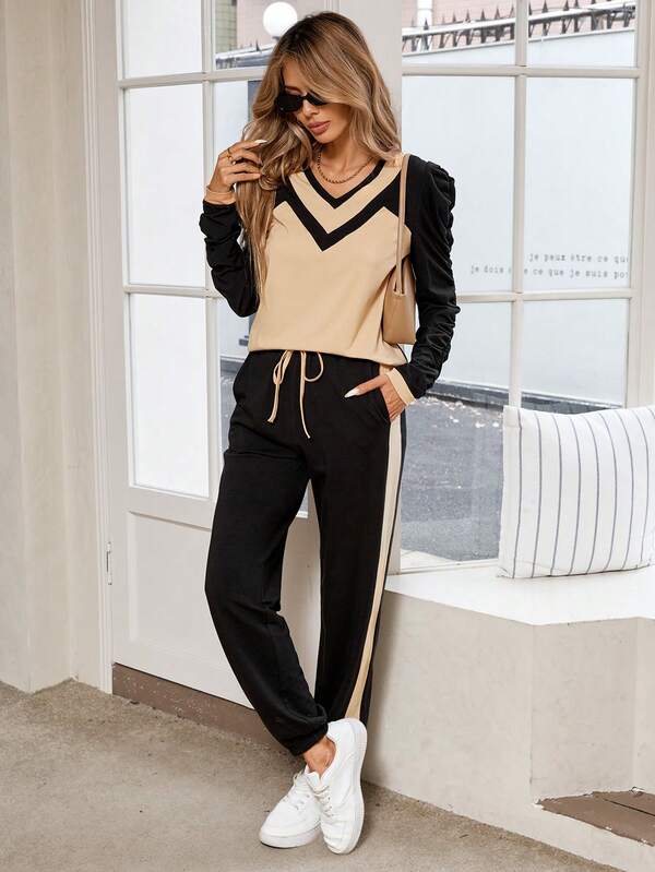 Conjunto Feminino Casual Outono 2 Peças Manga Longa Moletom Decote V