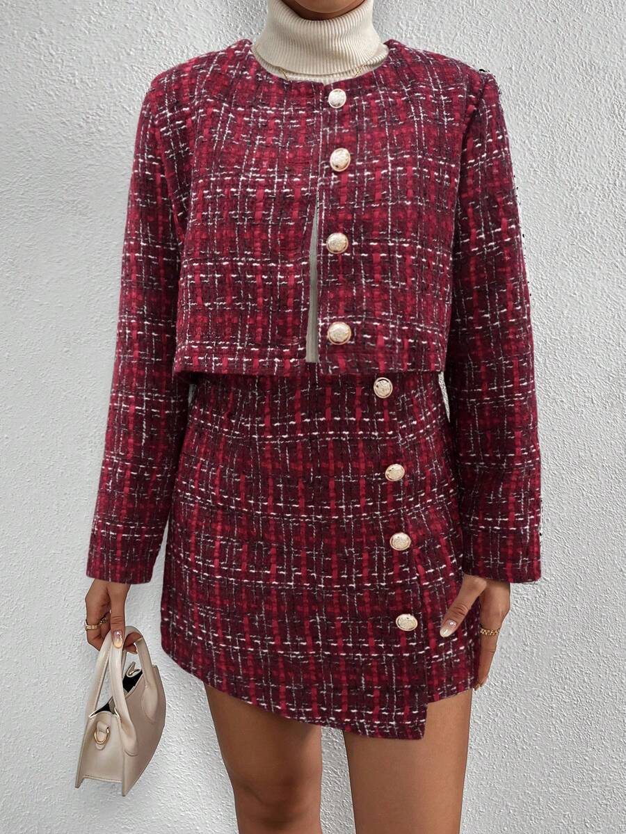 Conjunto Feminino Elegante Tweed Xadrez com Jaqueta e Saia – Sofisticado Outono/Inverno | Boutique do Encanto 
