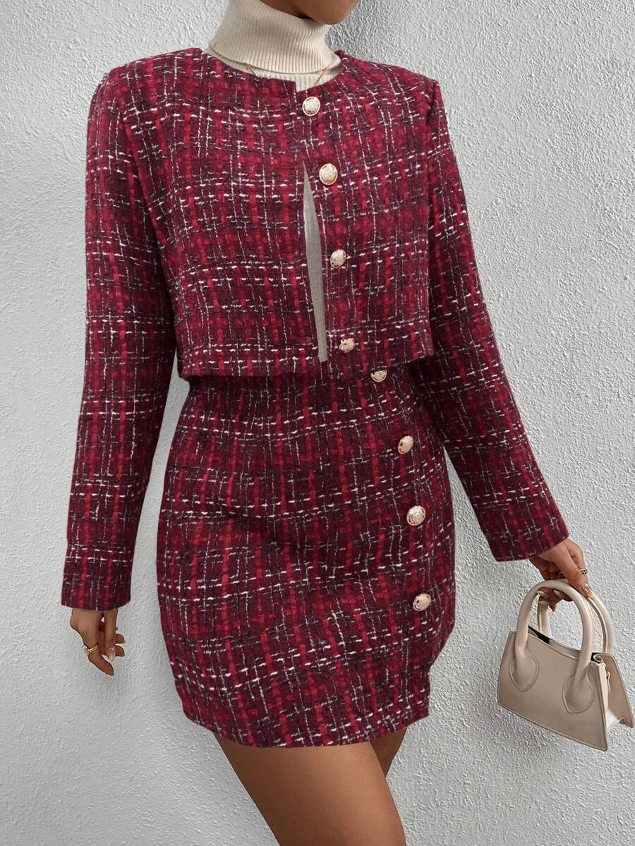 Conjunto Feminino Elegante Tweed Xadrez com Jaqueta e Saia – Sofisticado Outono/Inverno | Boutique do Encanto 