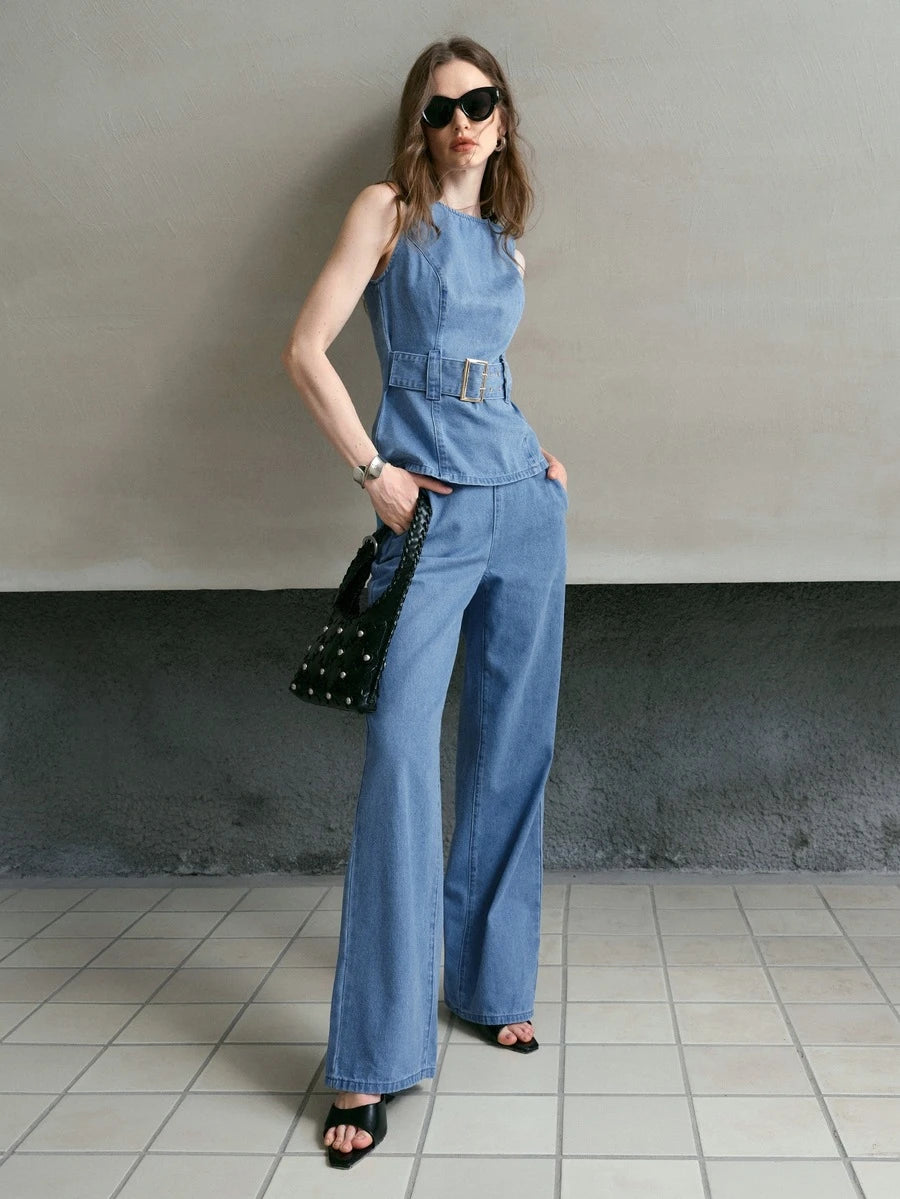 Conjunto feminino azul em algodão com blusa e calça longa