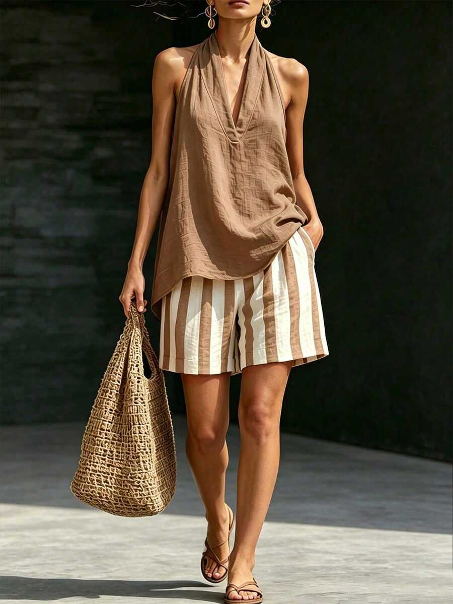 Conjunto feminino blusa Moka Claro frente-única com shorts listrado - Boutique do Encanto 