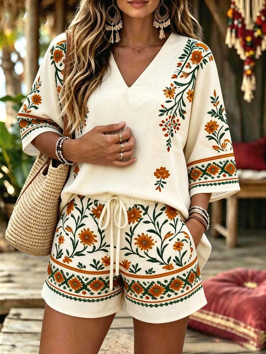 Conjunto feminino floral laranja com blusa e shorts – Boutique do Encanto