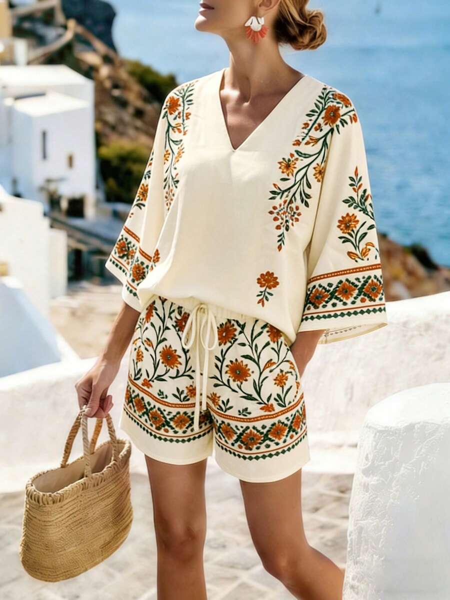 Conjunto feminino floral laranja com blusa e shorts – Boutique do Encanto