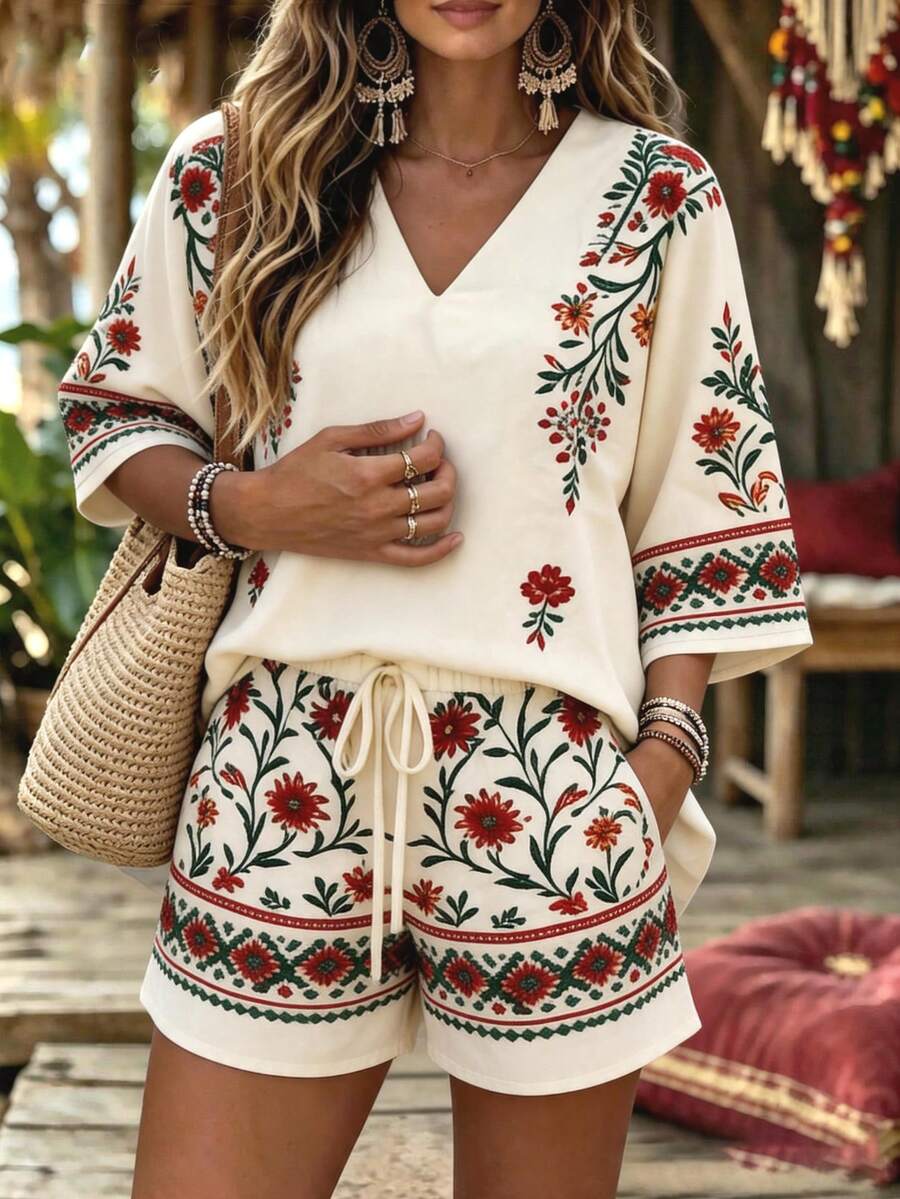 Conjunto feminino floral vermelho com blusa e shorts – Boutique do Encanto 