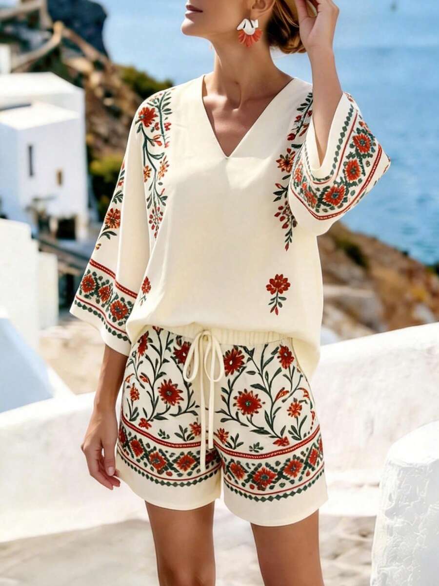 Conjunto feminino floral vermelho com blusa e shorts – Boutique do Encanto