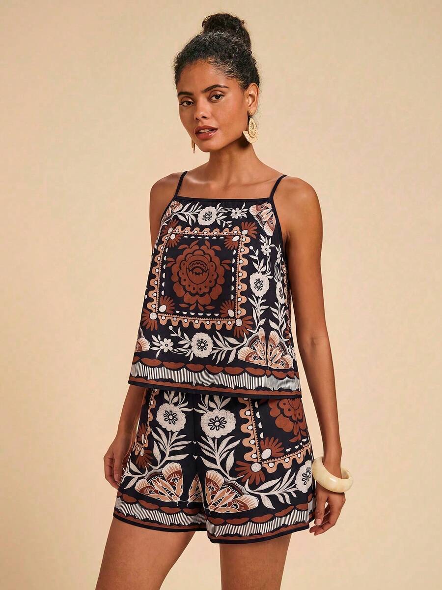 Conjunto feminino marrom com estampa étnica para verão e lazer – Essenciais Urbanos
