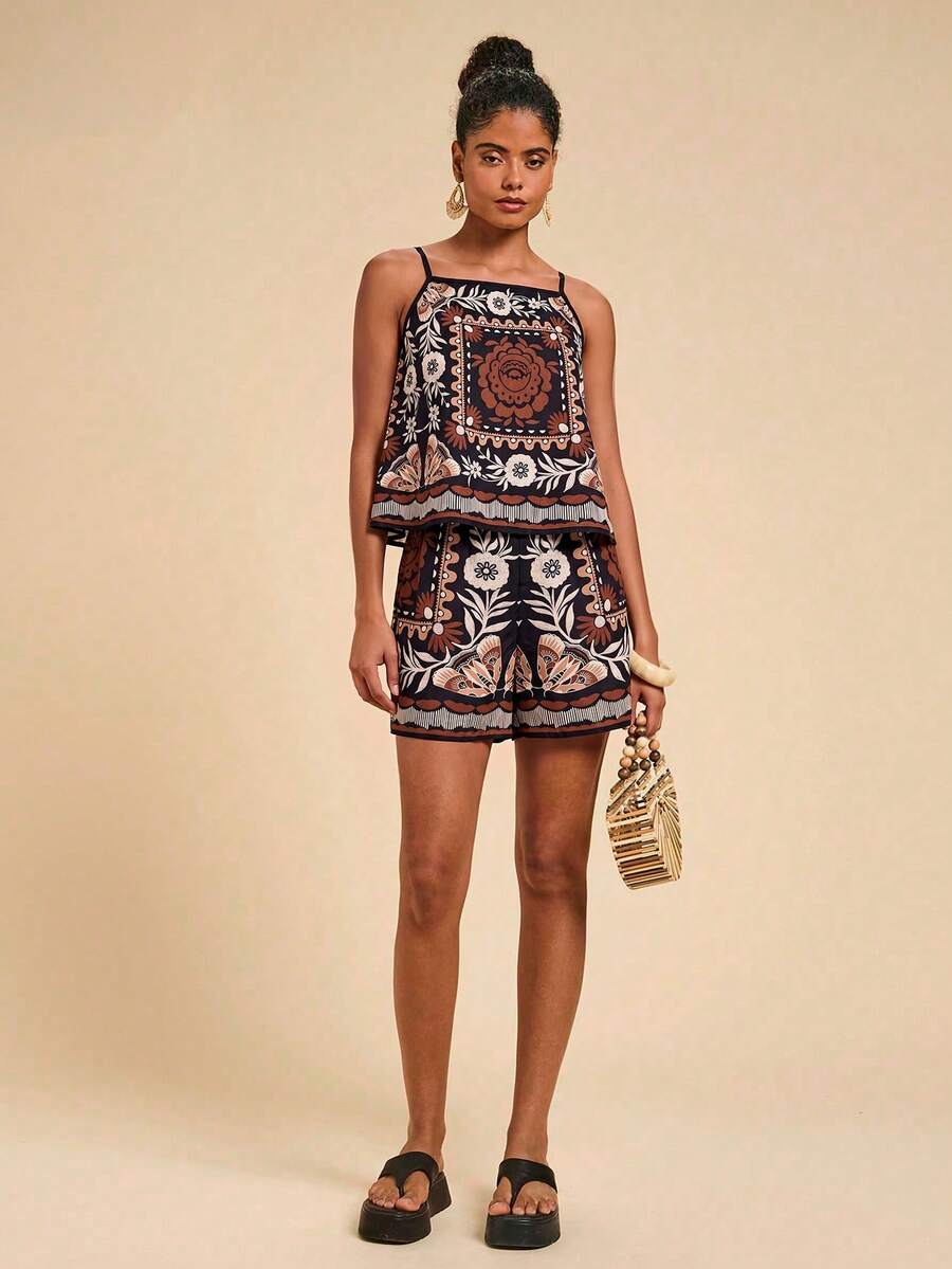 Conjunto feminino marrom com estampa étnica para verão e lazer – Essenciais Urbanos