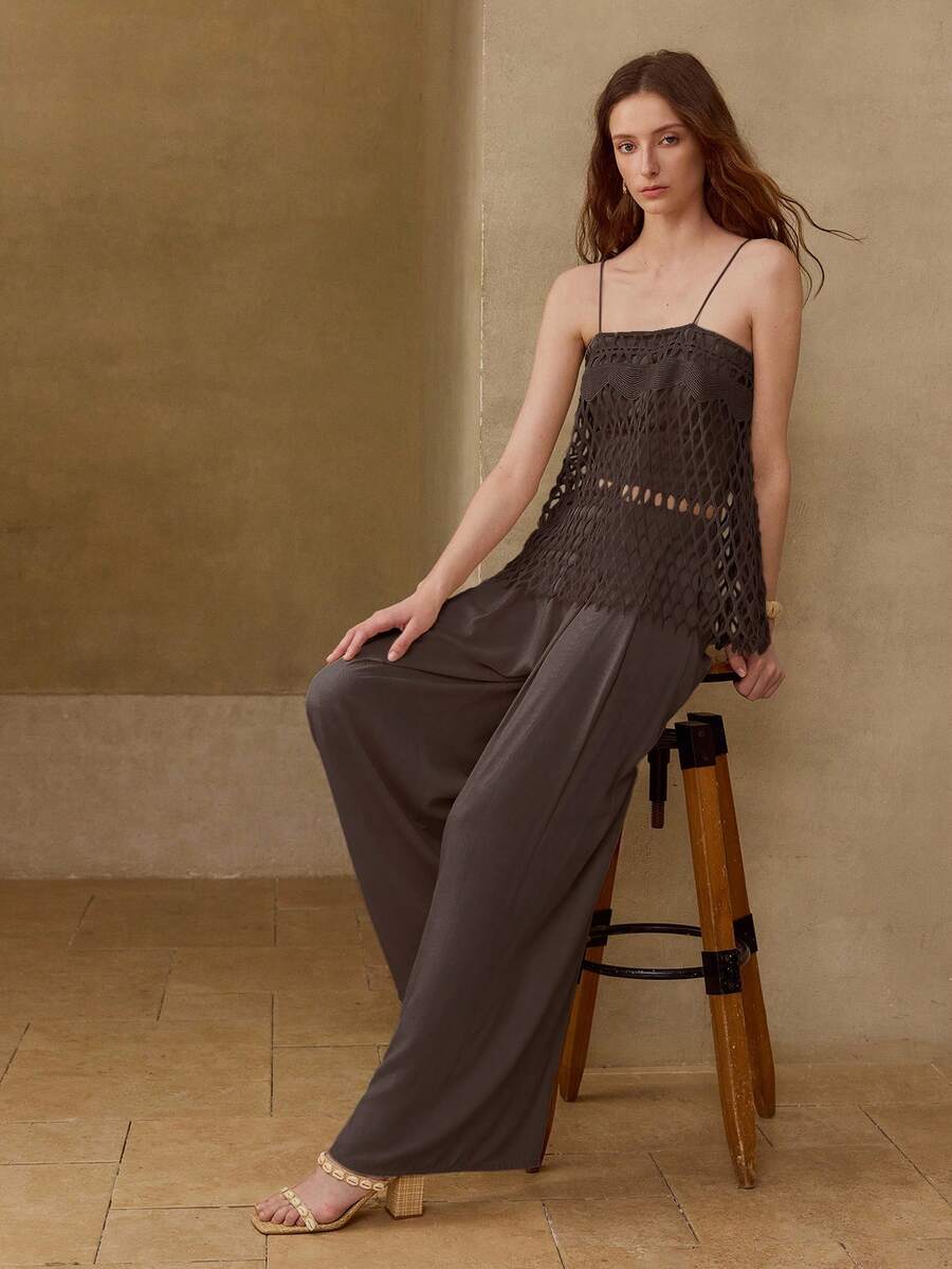 Conjunto feminino marrom  com top vazado e calça pantalona – Boutique do Encanto