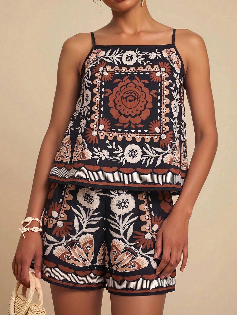 Conjunto feminino marrom de 2 peças com estampa étnica ornamental