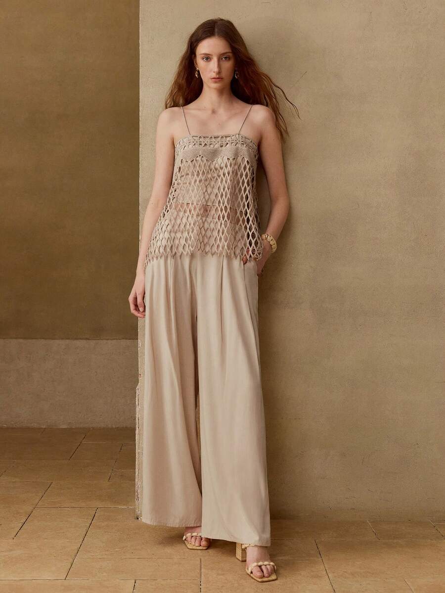 Conjunto feminino premium bege de 2 peças com pantalona longa