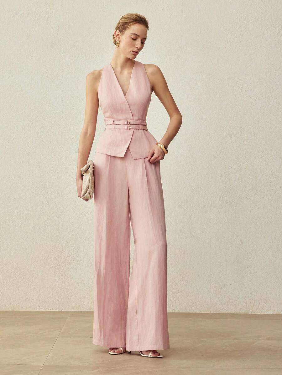 Conjunto feminino premium com colete acinturado e calça pantalona