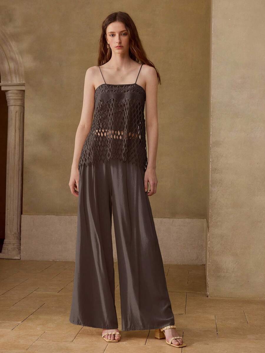 Conjunto feminino premium marrom de 2 peças com pantalona longa