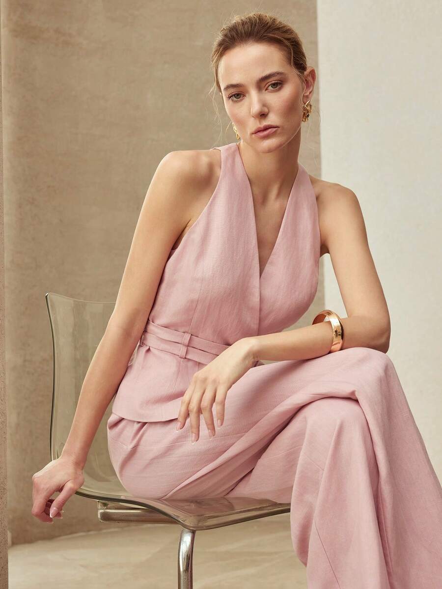 Conjunto feminino rosa blush  premium com colete acinturado e calça pantalona