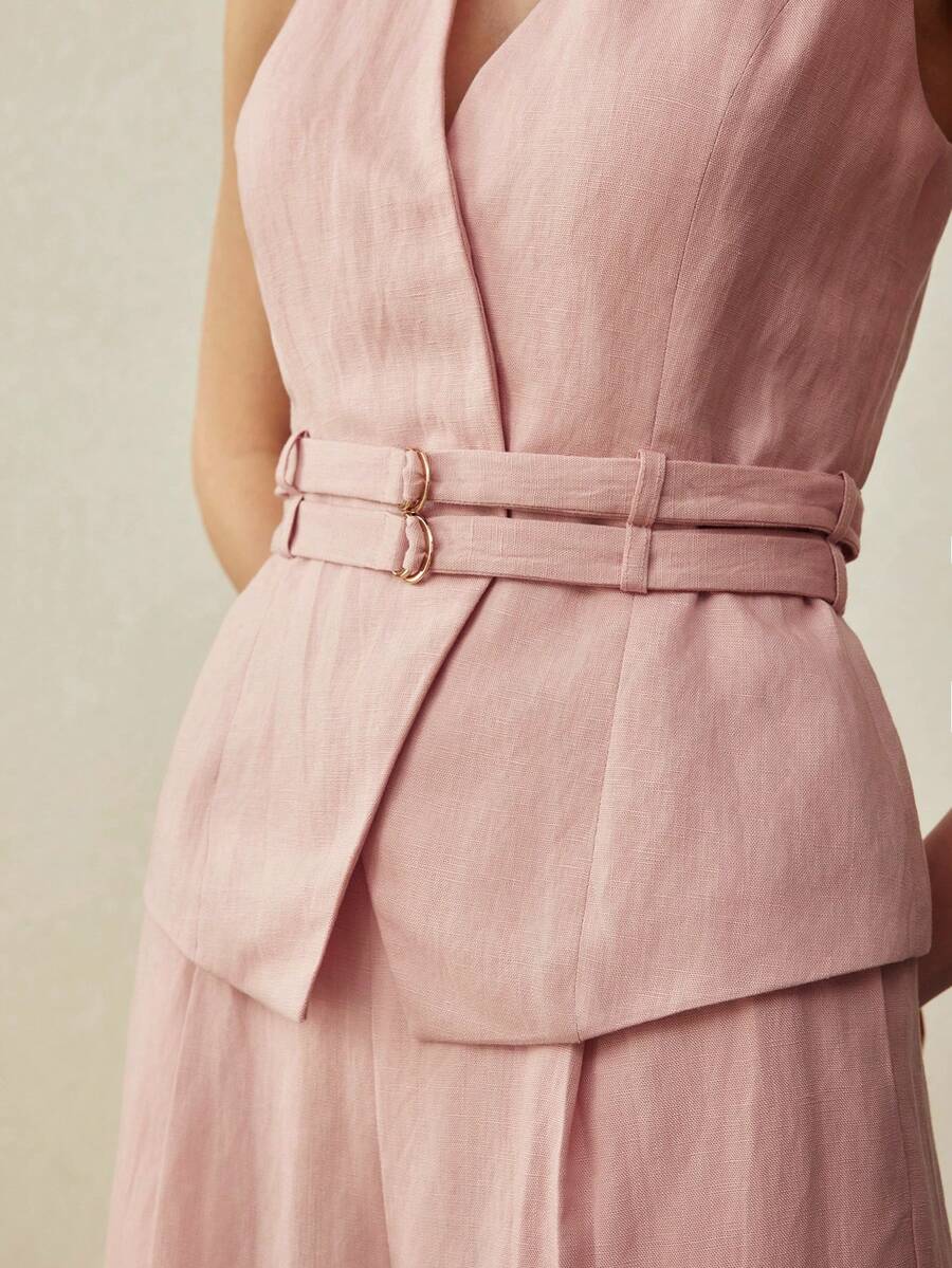 Conjunto feminino rosa blush  premium com colete acinturado e calça pantalona 