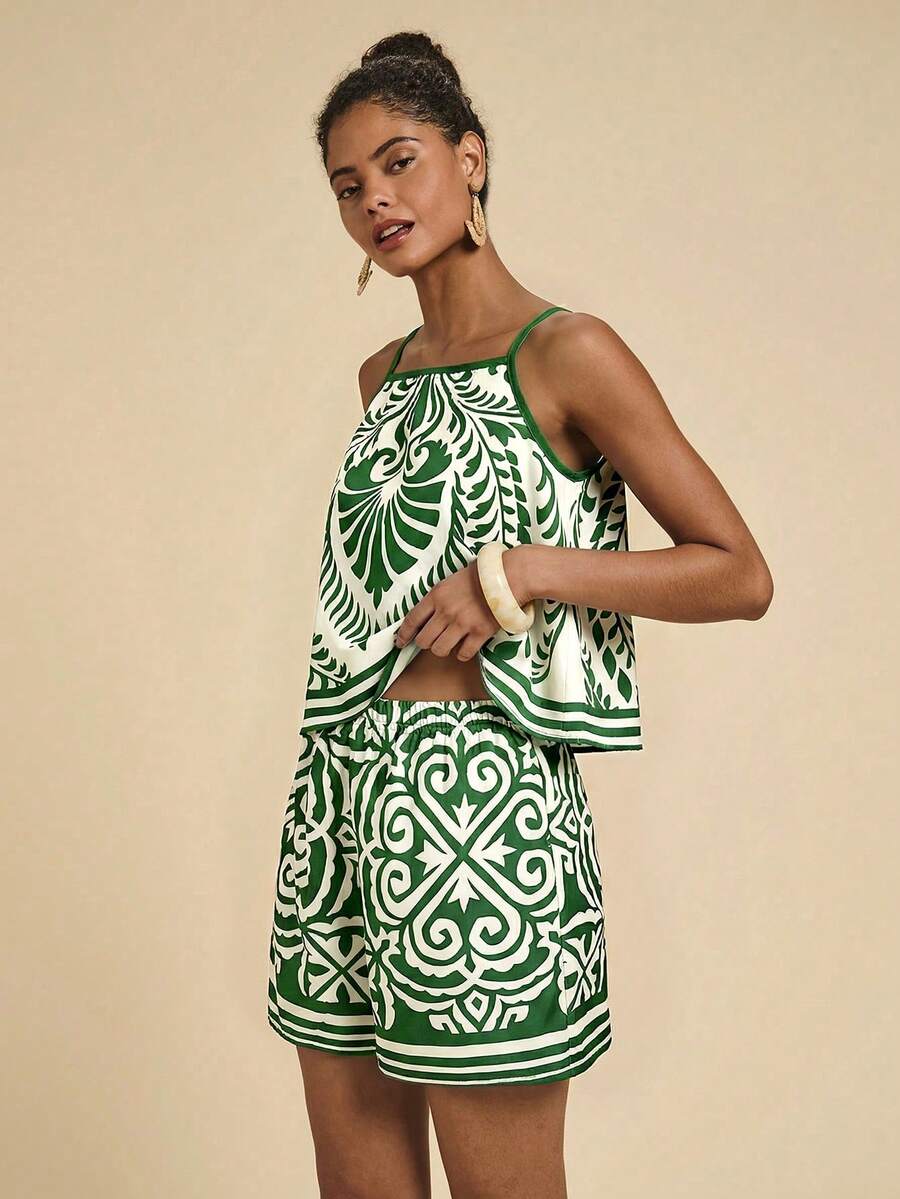 Conjunto feminino verde com estampa ornamental – Essenciais Urbanos 