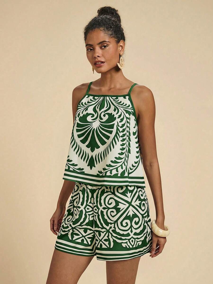 Conjunto feminino verde com estampa ornamental – Essenciais Urbanos