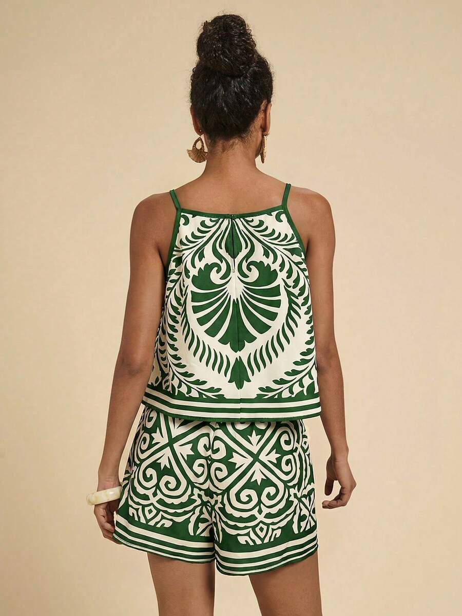 Conjunto feminino verde com estampa ornamental – Essenciais Urbanos