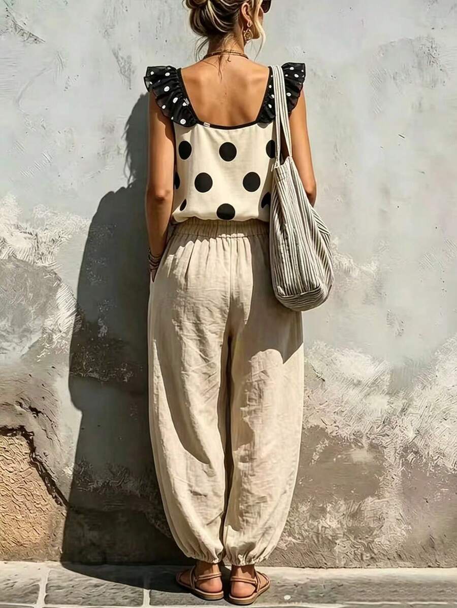 Costa da Blusa feminina Primavera Verão Off White com estampa poá preta
