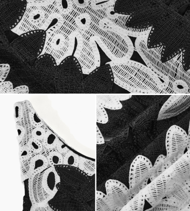 Detalhe da renda guipir preta e branca aplicada sobre tule do vestido feminino