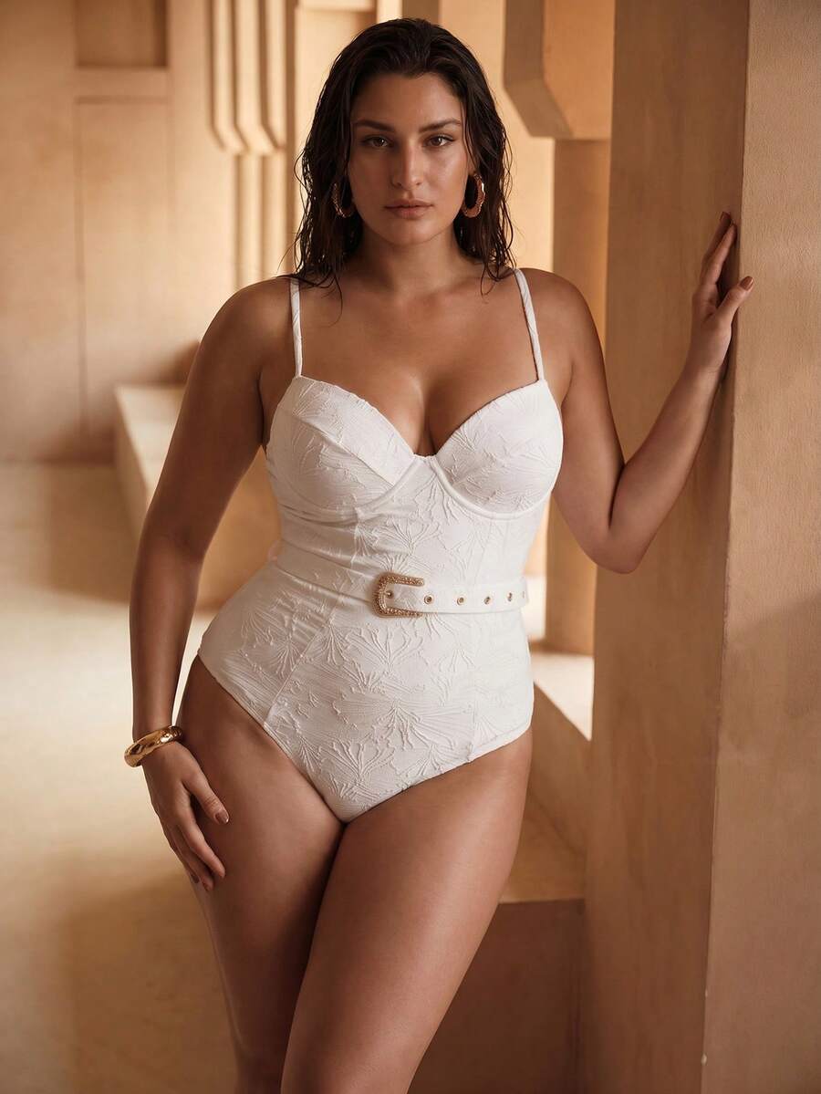 Detalhe do busto estruturado do maiô feminino Branco Plus Size 
