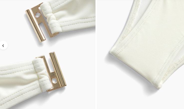 Detalhe do material e acabamento do biquíni feminino em poliamida com elastano