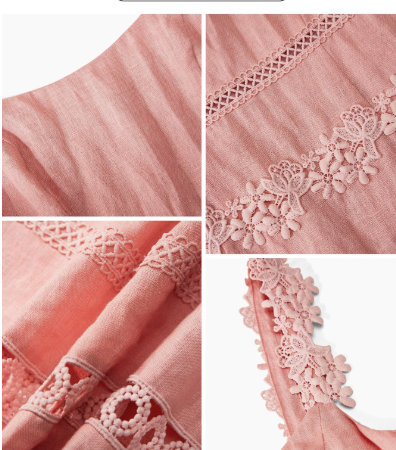 Detalhe do tecido 100% linho e acabamento floral do vestido rosa