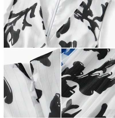 Detalhe do tecido estampado com fibras metalizadas e textura vertical do vestido feminino