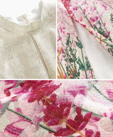 Detalhe do tecido jacquard floral e forro interno do vestido feminino
Close da textura jacquard com estampa floral rosa e verde