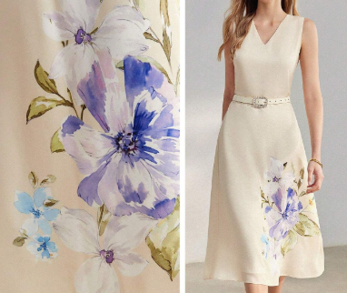 Estampa: Detalhe da estampa floral aquarelada azul e lilás do vestido Baunilha Pastel