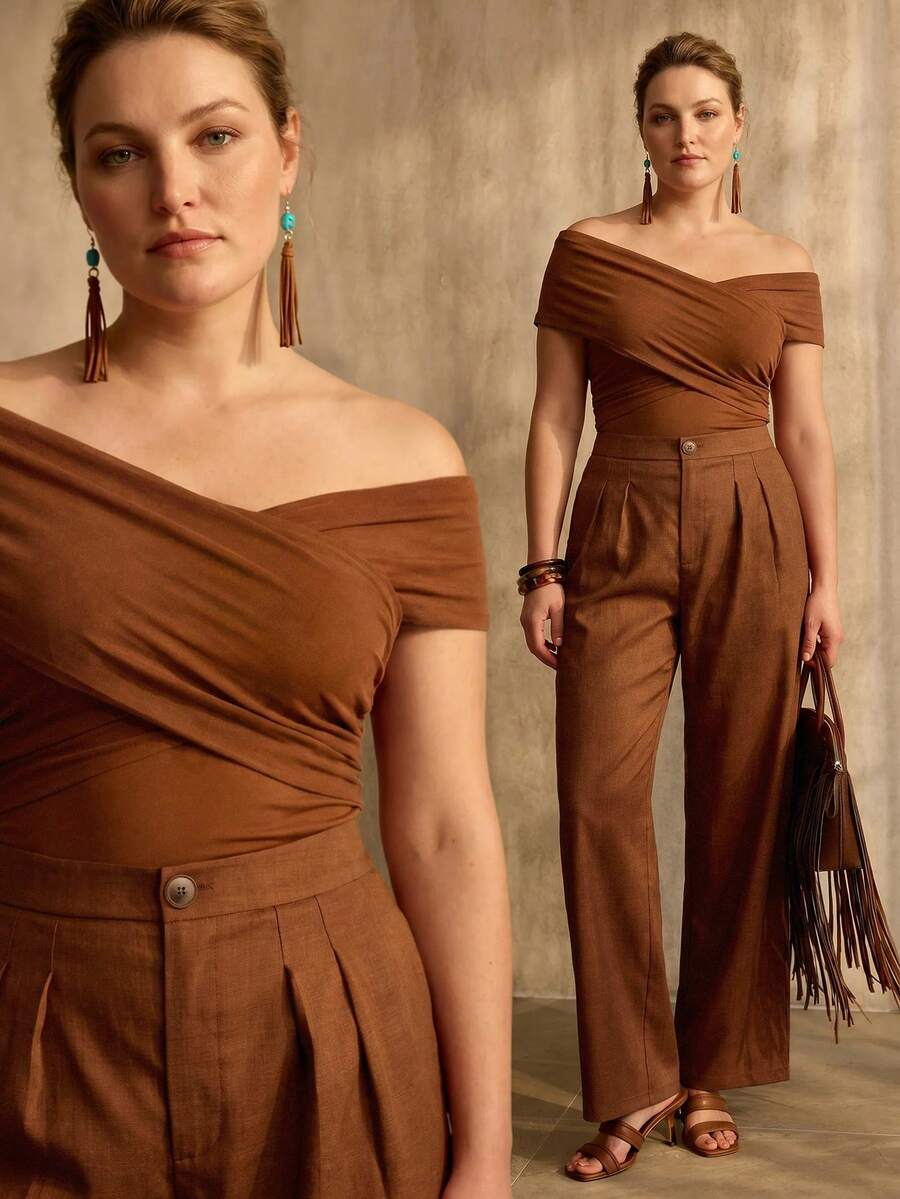 Look elegante feminino em tons terrosos com blusa transpassada castanho - plus size - Boutique do Encanto 