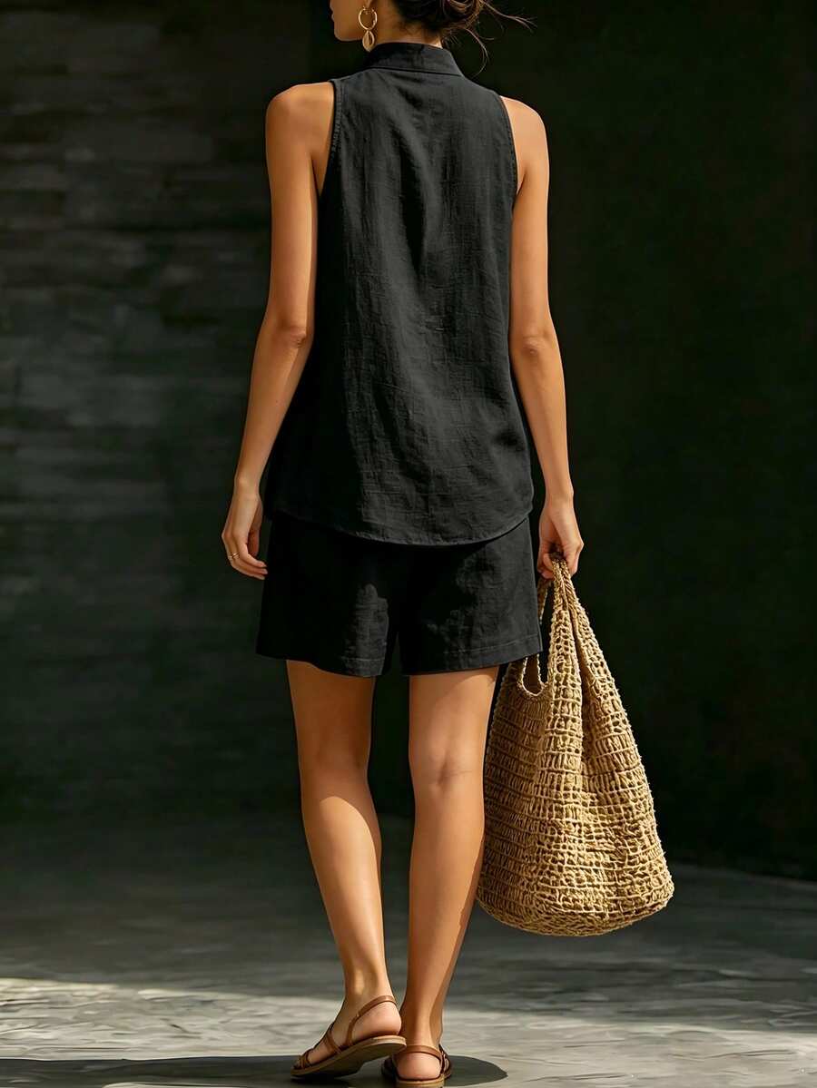 Look feminino casual com blusa e shorts coordenados