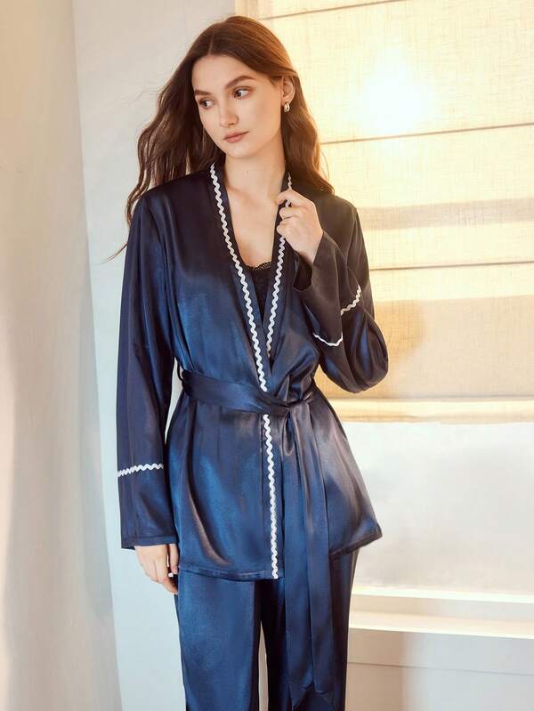 Pijama Feminino Cetim Azul Elegante com Robe e Calça Longa - Conjunto 2 Peças com Faixa - Íntimos & Confortavél - Boutique do Encanto