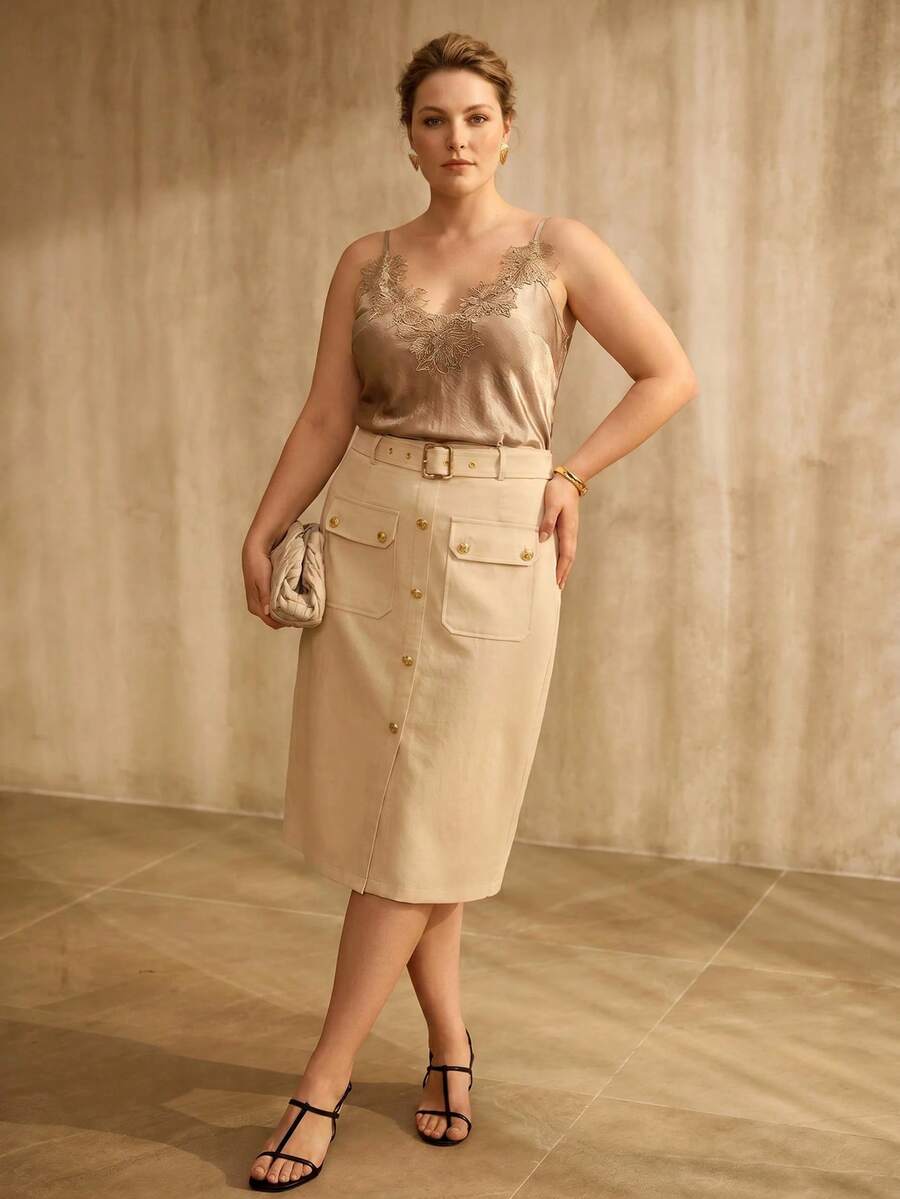 Regata feminina  Moka Claro  Plus Size, toque de seda com renda floral no decote V - Boutique do Encanto