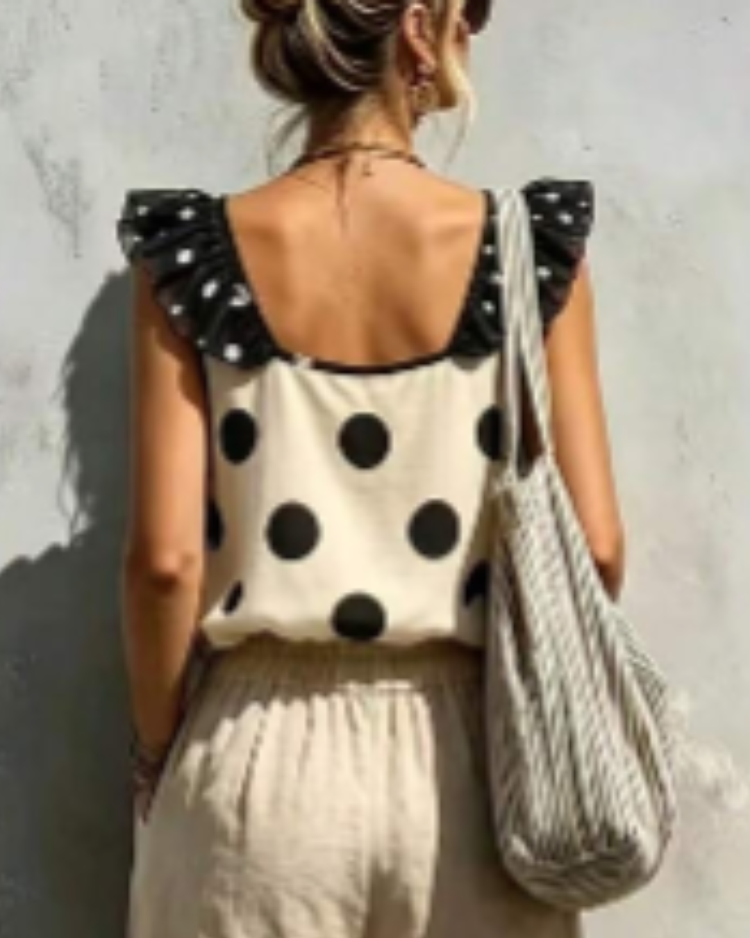 Regata feminina elegante com estampa de bolinhas e babado contrastante

