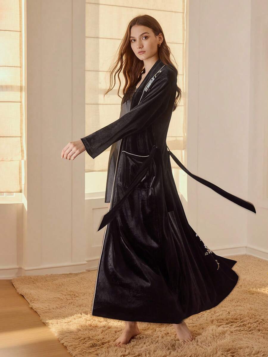 Roupão feminino elegante para inverno com cinto ajustável