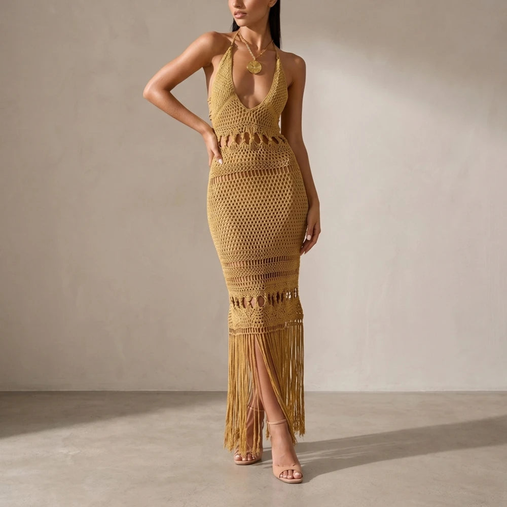 Vestido de Praia Feminino - Tricô Vazado com Decote V