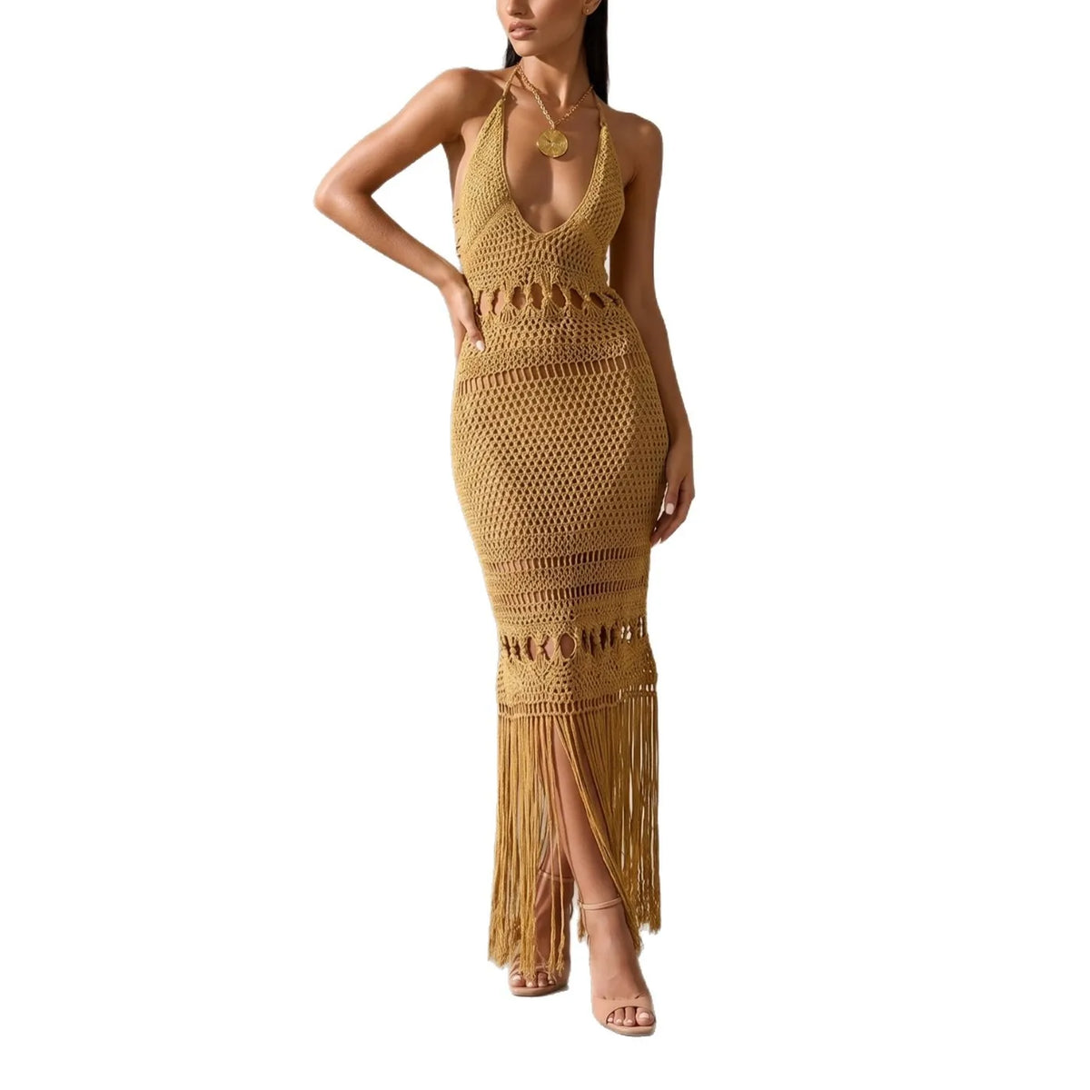 Vestido de Praia Feminino - Tricô Vazado com Decote V