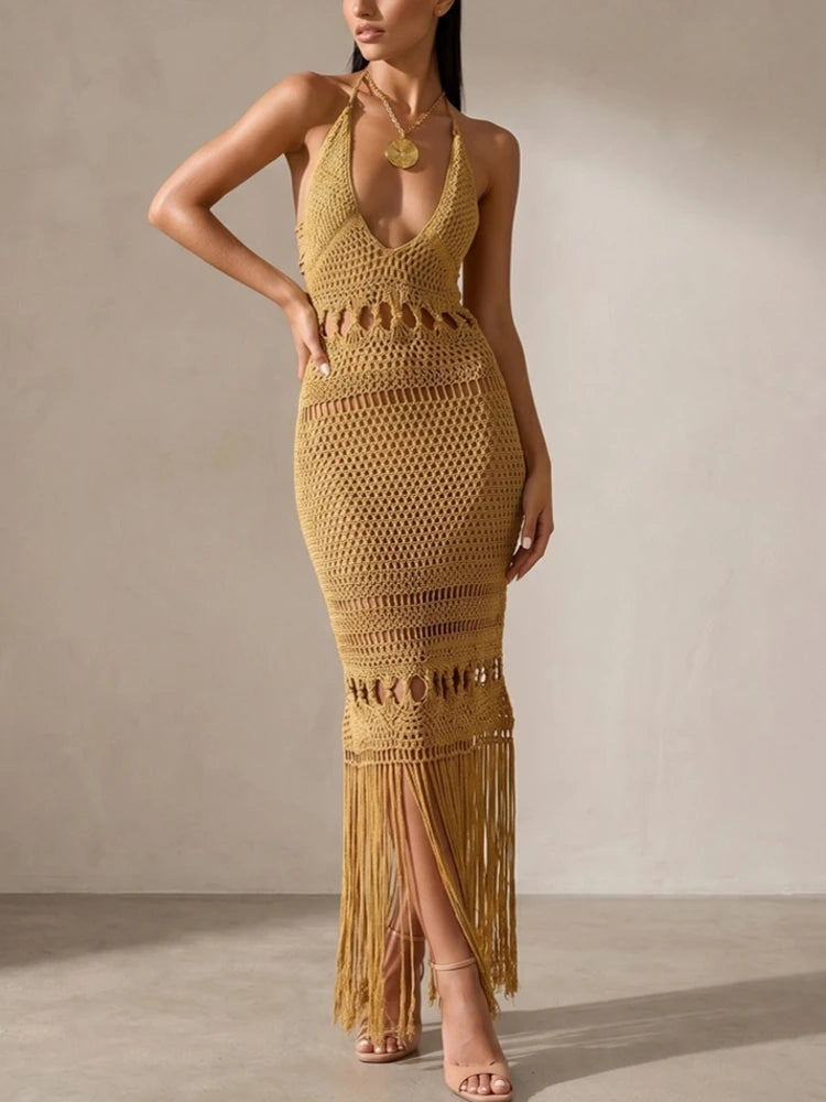 Vestido de Praia Feminino - Tricô Vazado com Decote V