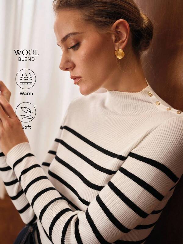Suéter Feminino Premium de Tricô Listrado Slim Fit - Coleção Knitwear Elegance - Boutique do Encanto Blusas
