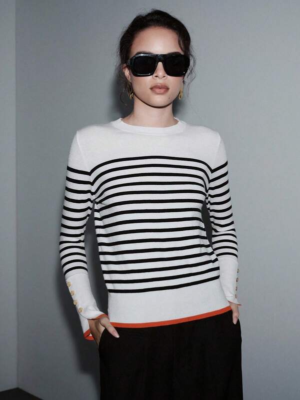 Suéter Feminino Premium de Tricô Listrado Slim Fit com Detalhe na Manga | Coleção Knitwear Elegance - Boutique do Encanto Blusas 