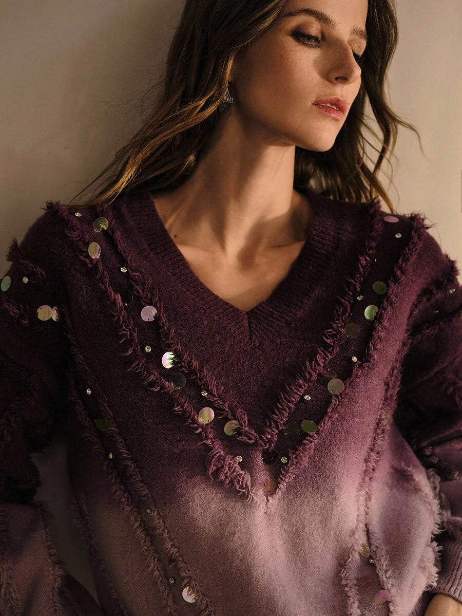 Suéter feminino premium roxo degradê com detalhes brilhantes