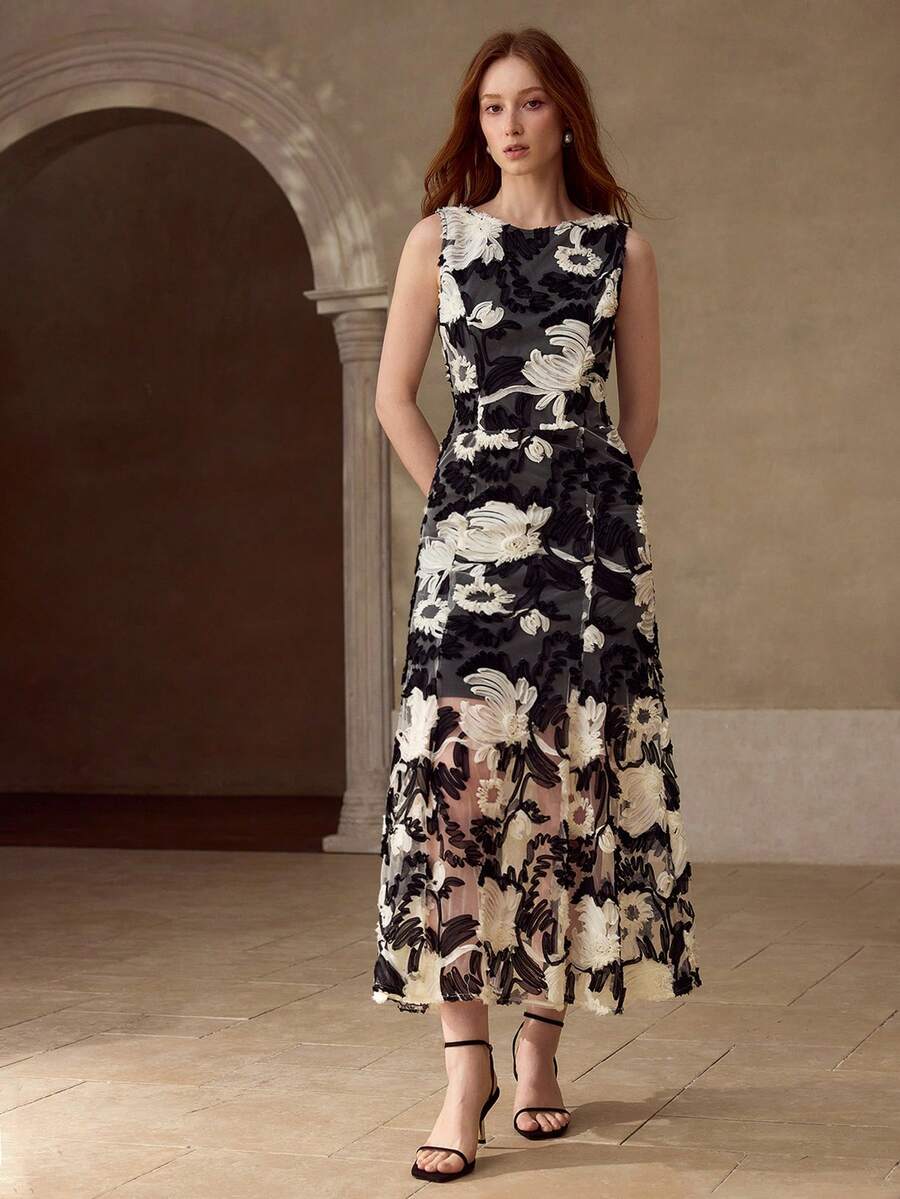 Vestido Feminino Midi Estampado com Fibras Metalizadas e Saia em Camadas | Primavera/Verão 27 - Boutique do Encanto