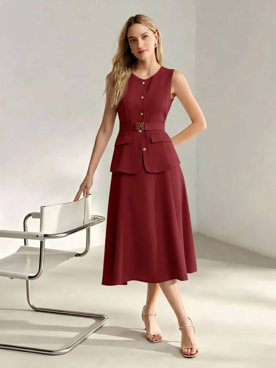 Vestido Vinho elegante sem mangas com efeito visual de conjunto e saia evasê