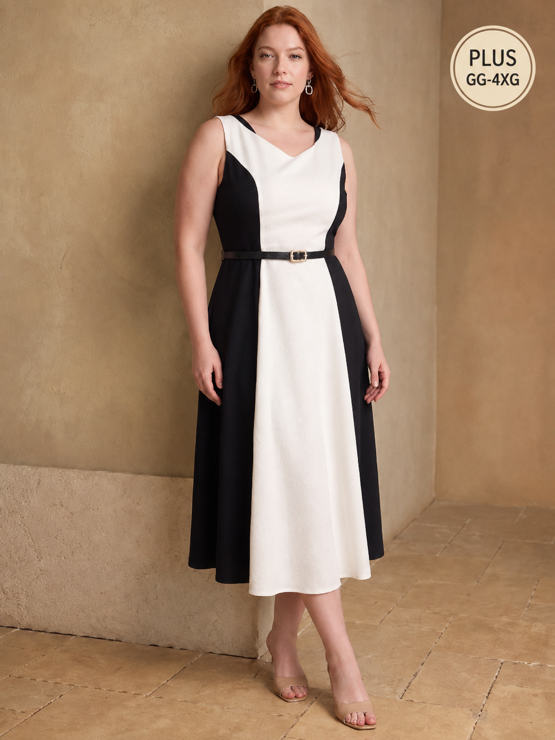 Vestido elegante Plus Size bicolor para escritório e eventos