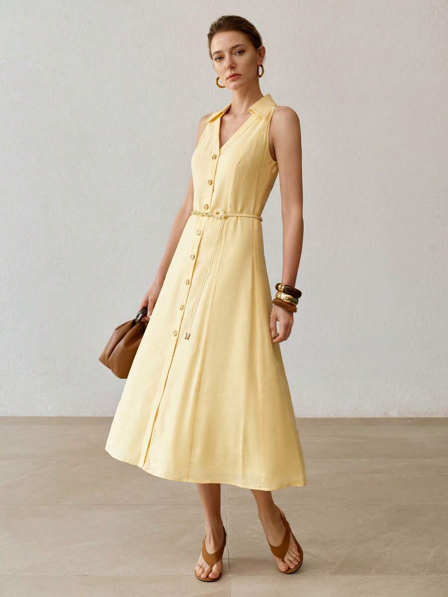 Vestido elegante em linho e liocel para Primavera-Verão