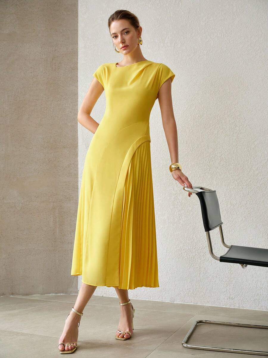 Vestido elegante em viscose e linho para Primavera-Verão